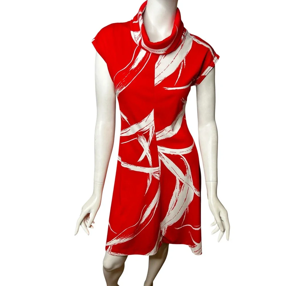 Vintage 70s Dress Red Abstract Cowl Neck Small